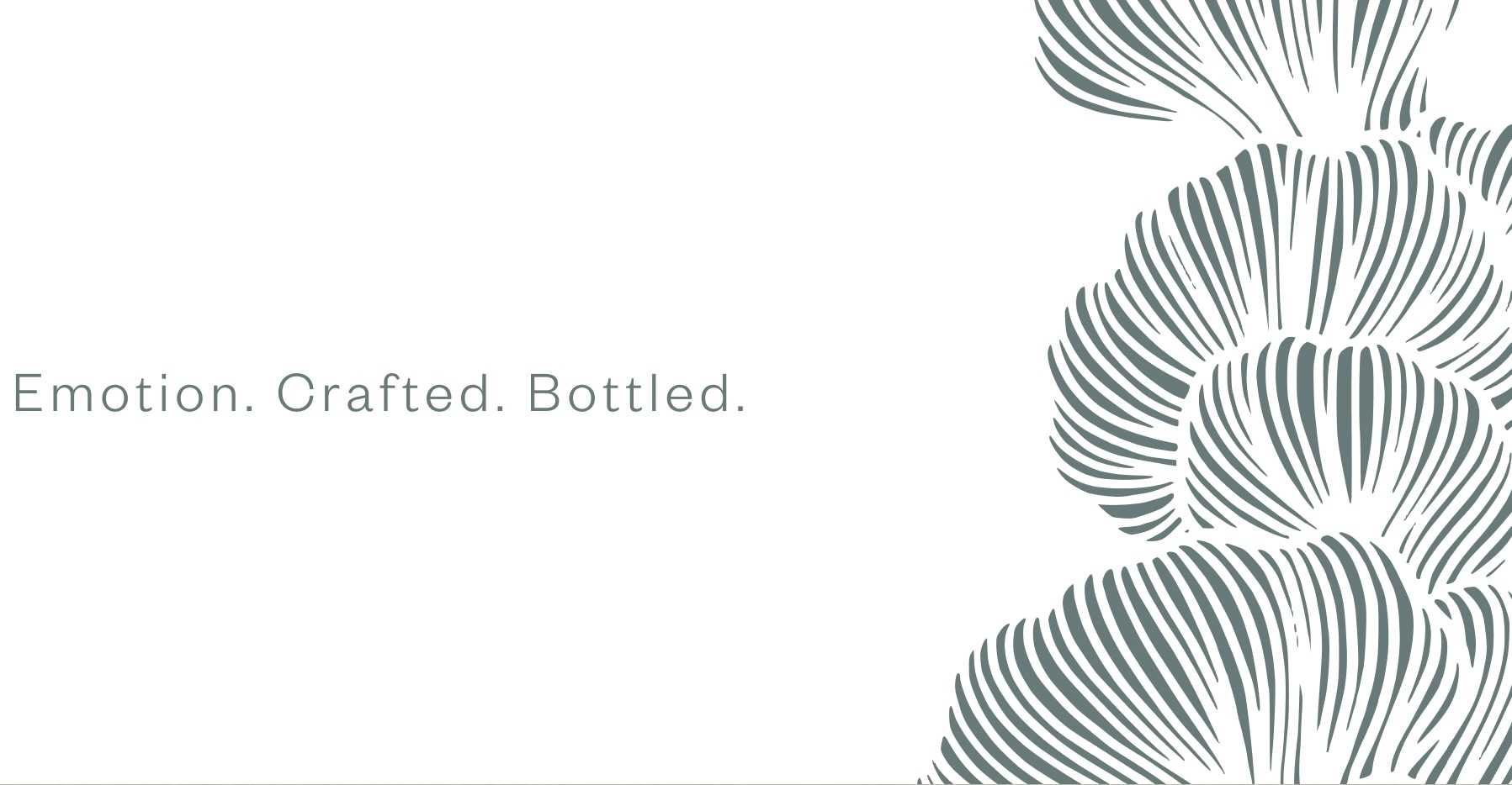 A key visual from the NŌSTRA brand identity, this image distils the essence of the concept into three words: Emotion. Crafted. Bottled. The organic forms represent scent trails, memory pathways, and the soft yet powerful nature of personal storytelling through fragrance.