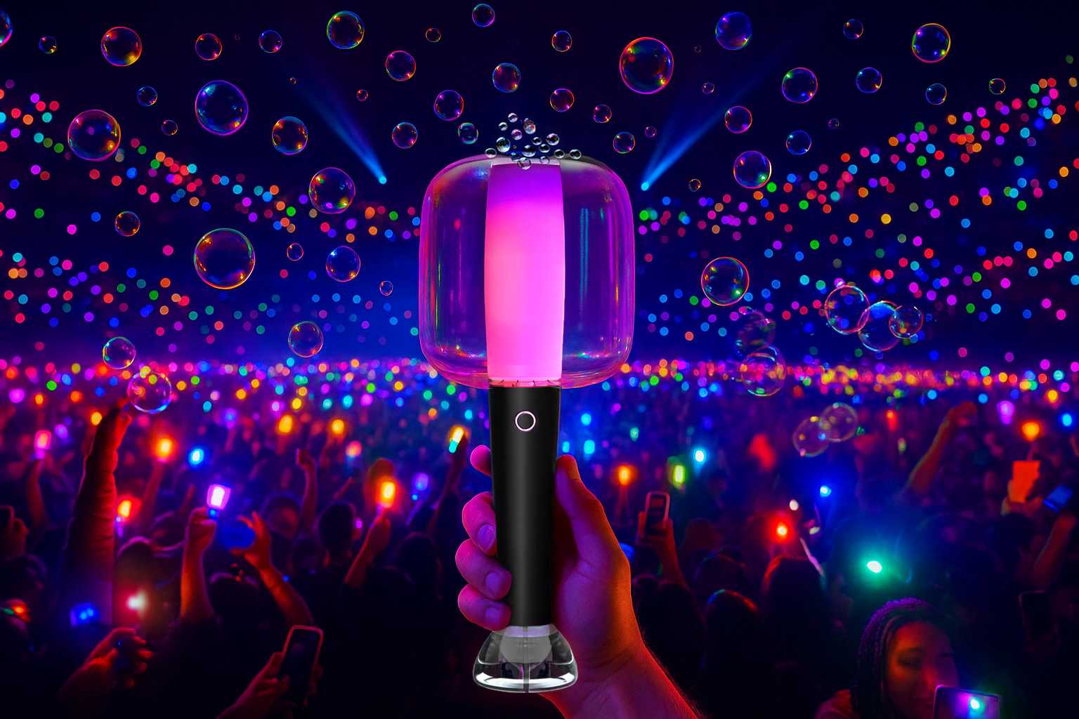 Nebubble™ is combining a bubble machine that releases tour-themed scents through bubbles. It creates
a multi-sensory and also emotional experience with fan interactions via
NFC. Paired with the Nebubble App, it offers exclusive post-concert
features—turning it into a lasting keepsake and bridge between fans and
idols.
K-pop was chosen for its deeply loyal global fanbase and the genre’s
reputation for driving innovation in fan engagement and merchandise.
