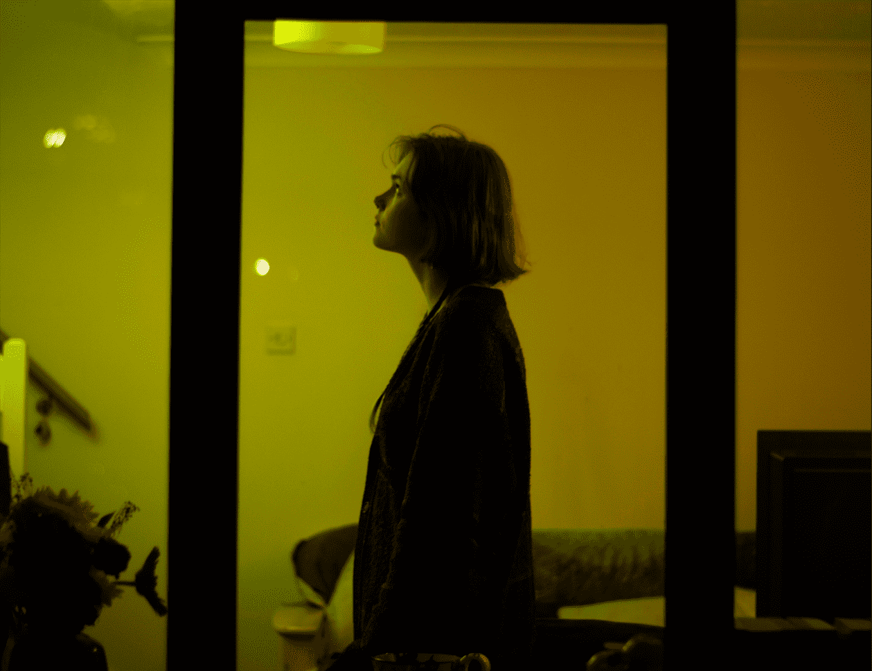 An exterior shot from the film. It conveys the feeling that the viewer is outside the world of the protagonist.
