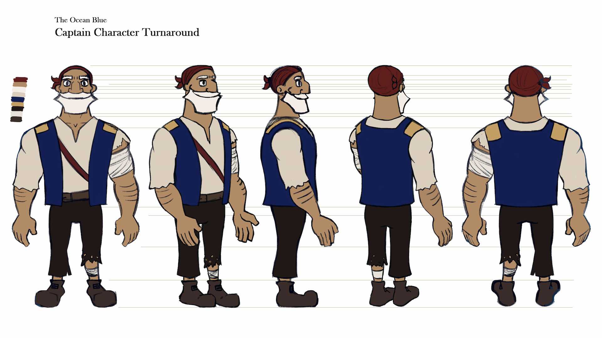 Character turnaround sheet for The Captain, Mari's mentor figure from “The Ocean Blue”.