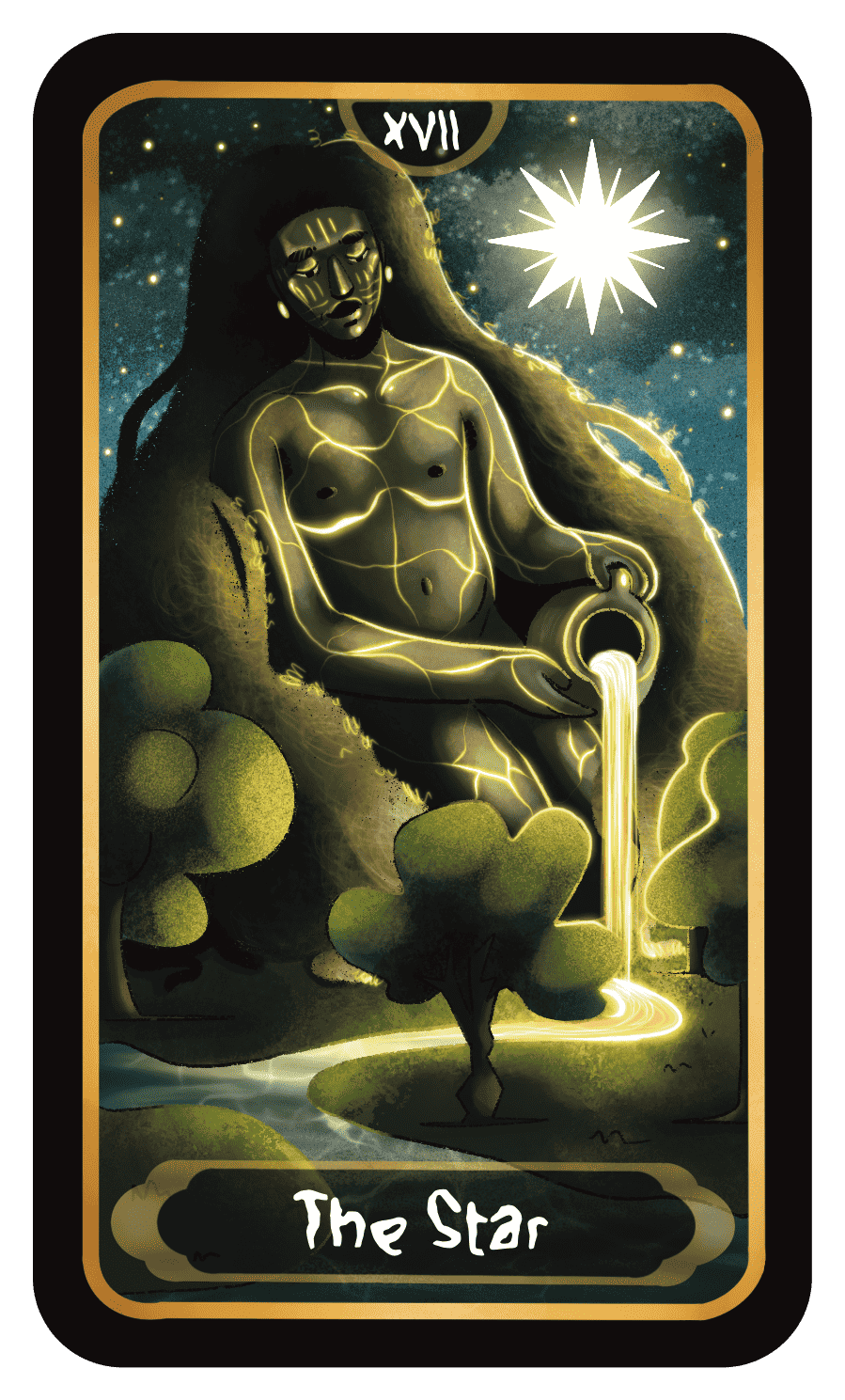 This is The Star card from Okyere's 22 card tarot deck, “The Sankofa Tarot”. It symbolises healing, guidance, and renewal, reimagined through a lens of Afro-queer resilience and spiritual grounding.