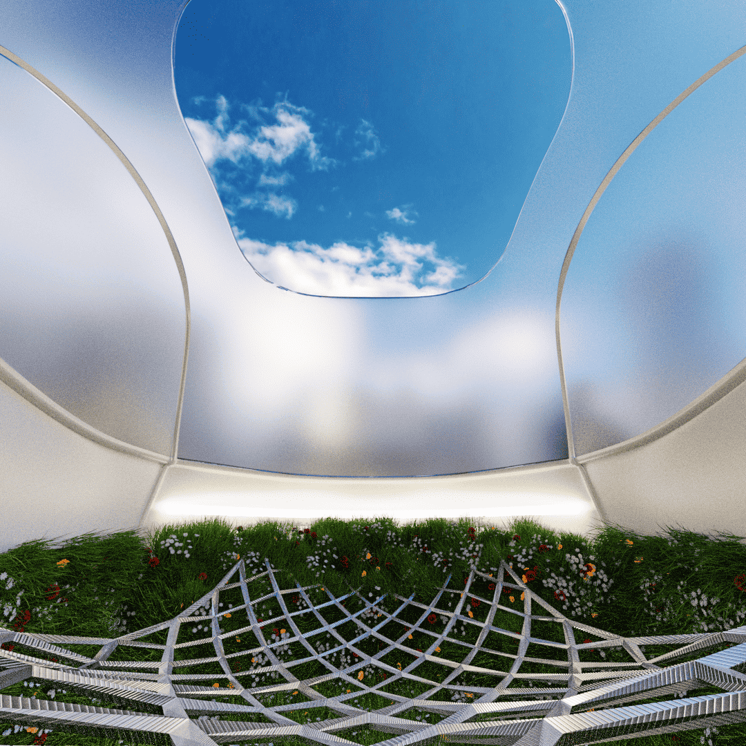 User Perspective - When seated inside Orbé, users can enjoy a mesmerising view of the sky through the transparent window, while the frosted sections provide privacy.
