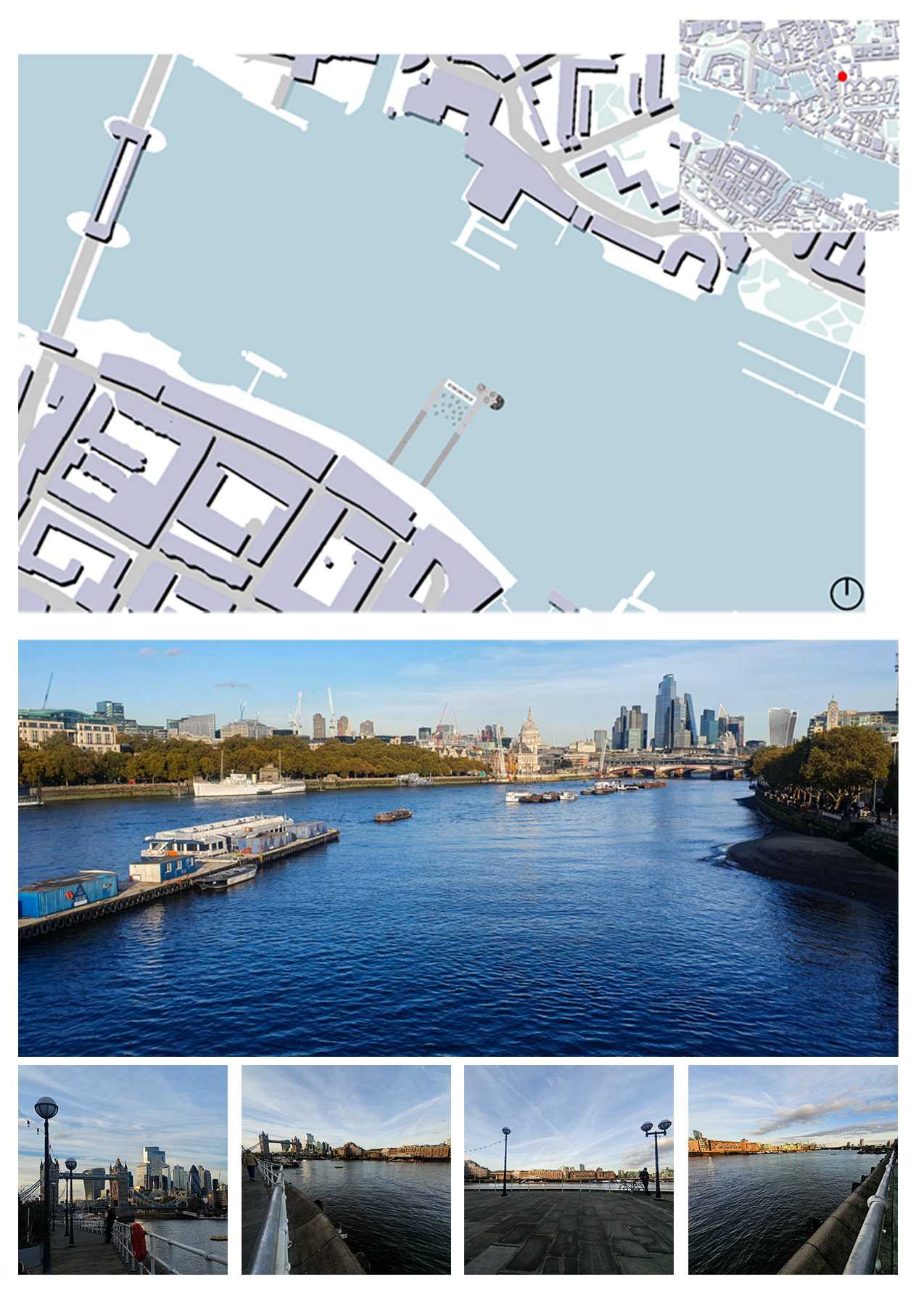Site map and pictures showing the floating exhibition space located on the River Thames next to Tower Bridge, designed to engage visitors while blending with the river's dynamic environment.