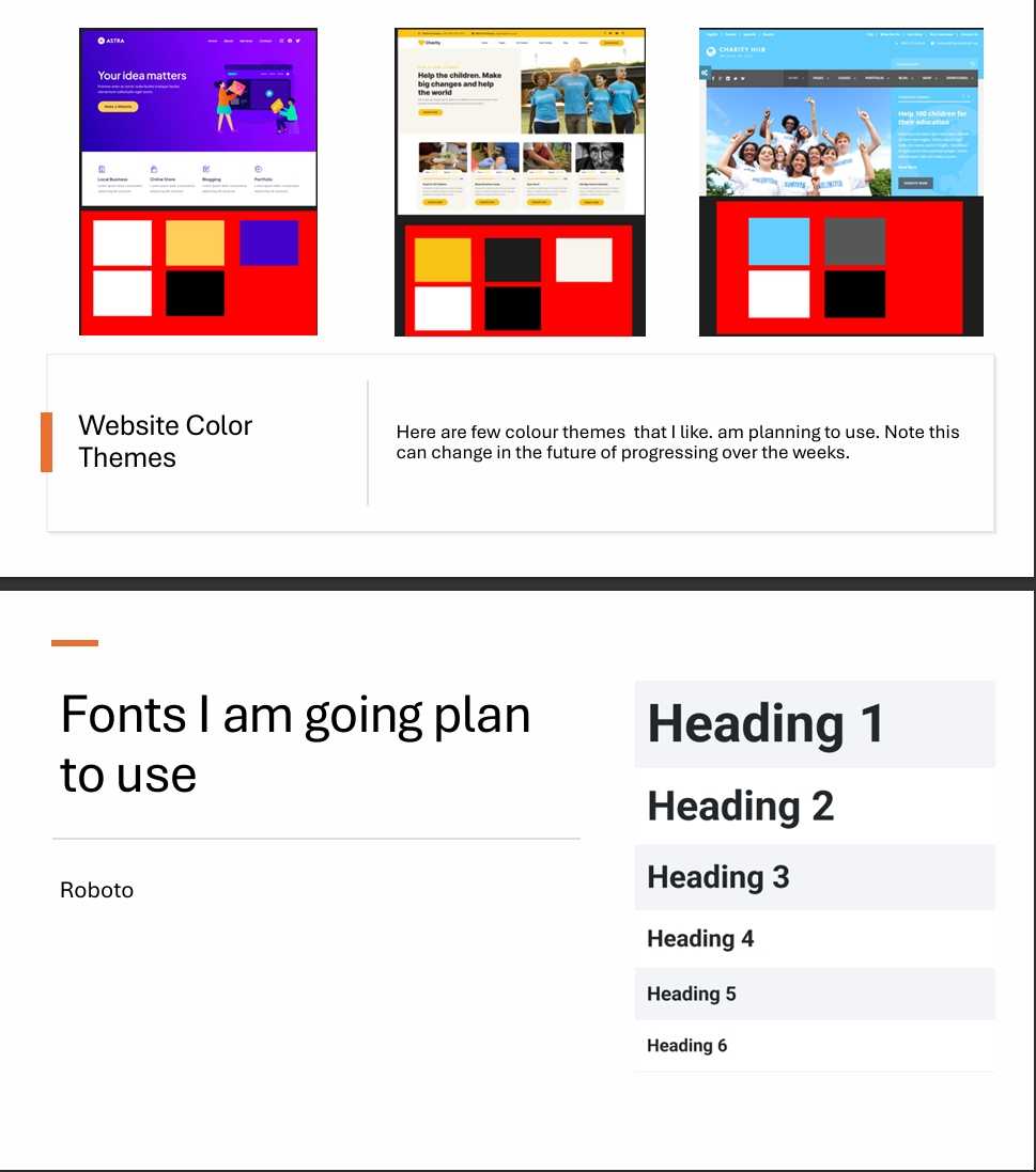 Decide the colour themes and fonts. Ali plans to use the website for his Final Major Project.