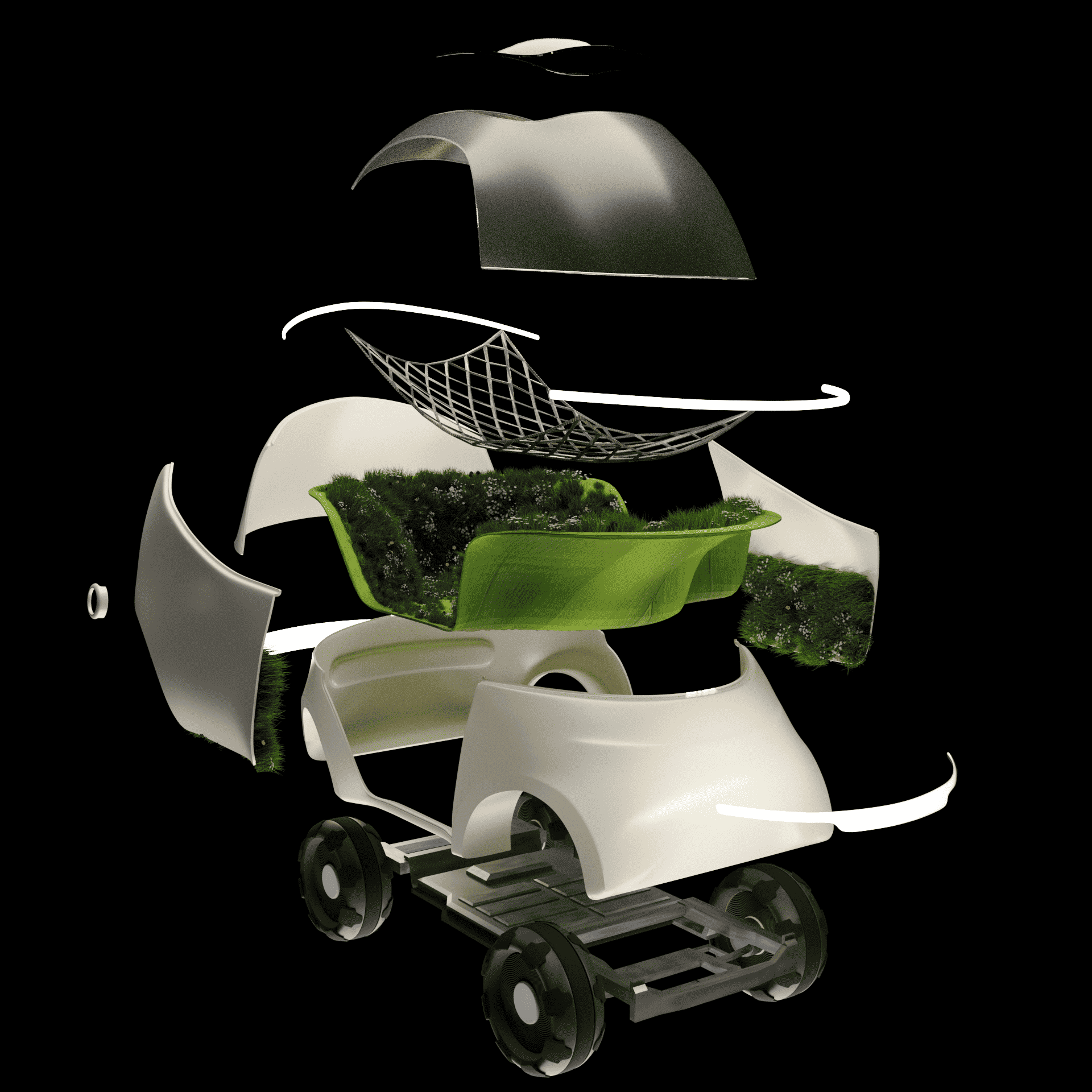Exploded view of Orbē - Orbé’s EV chassis uses a sustainable energy source for zero-emission operation, while its 3D-printed body, made from recycled PETG, reduces waste and carbon footprint.