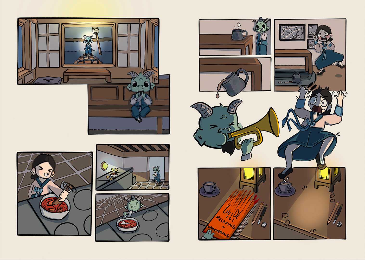 A lighthearted comic depicting a Dokkaebi (a Korean goblin) causing mischief in a woman's life.