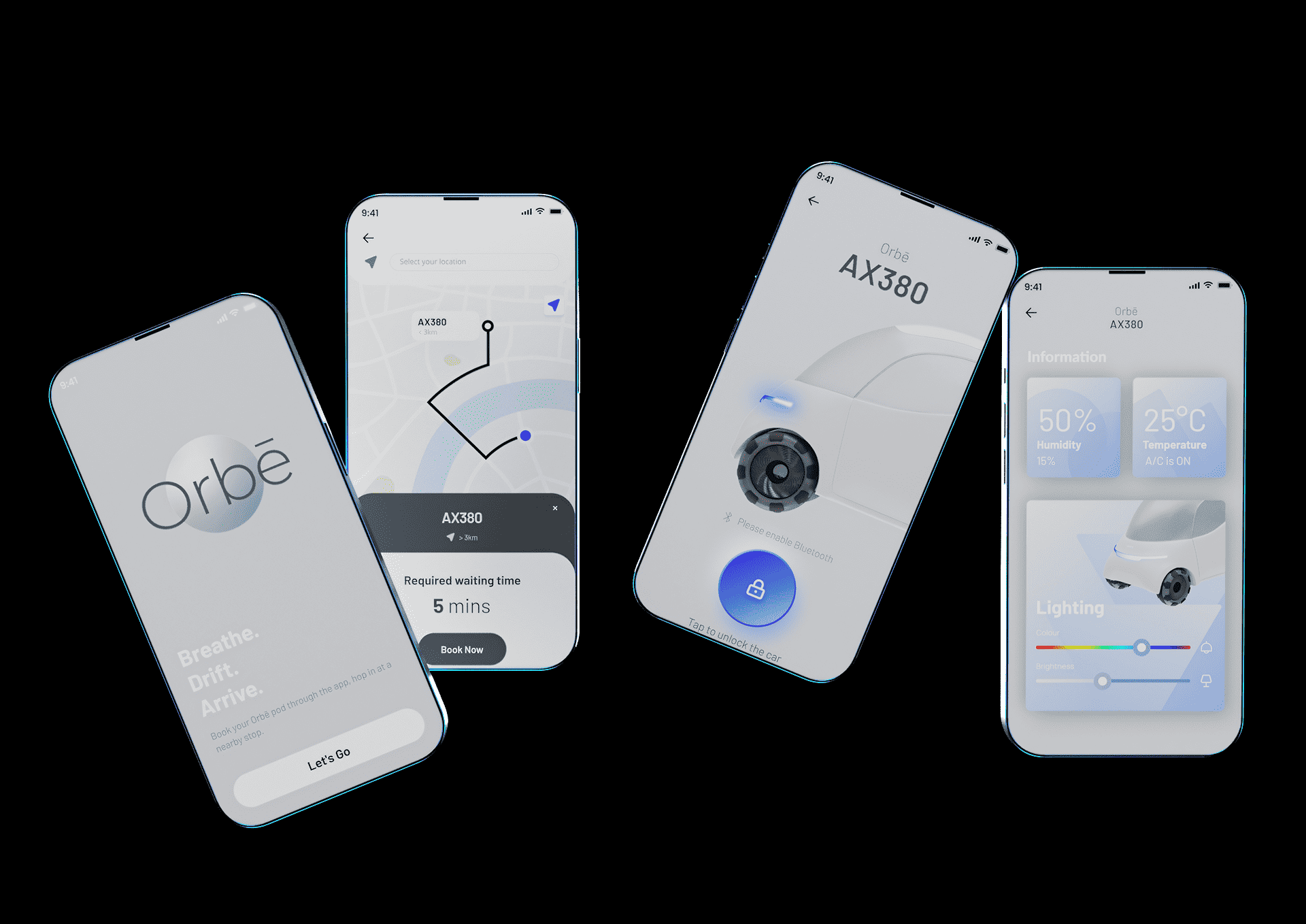 The UX/UI of Orbē's companion app is designed to offer a seamless, personalised user experience. It allows users to book the vehicle, adjust interior settings like lighting, temperature, and sound, and unlock the pod upon arrival.