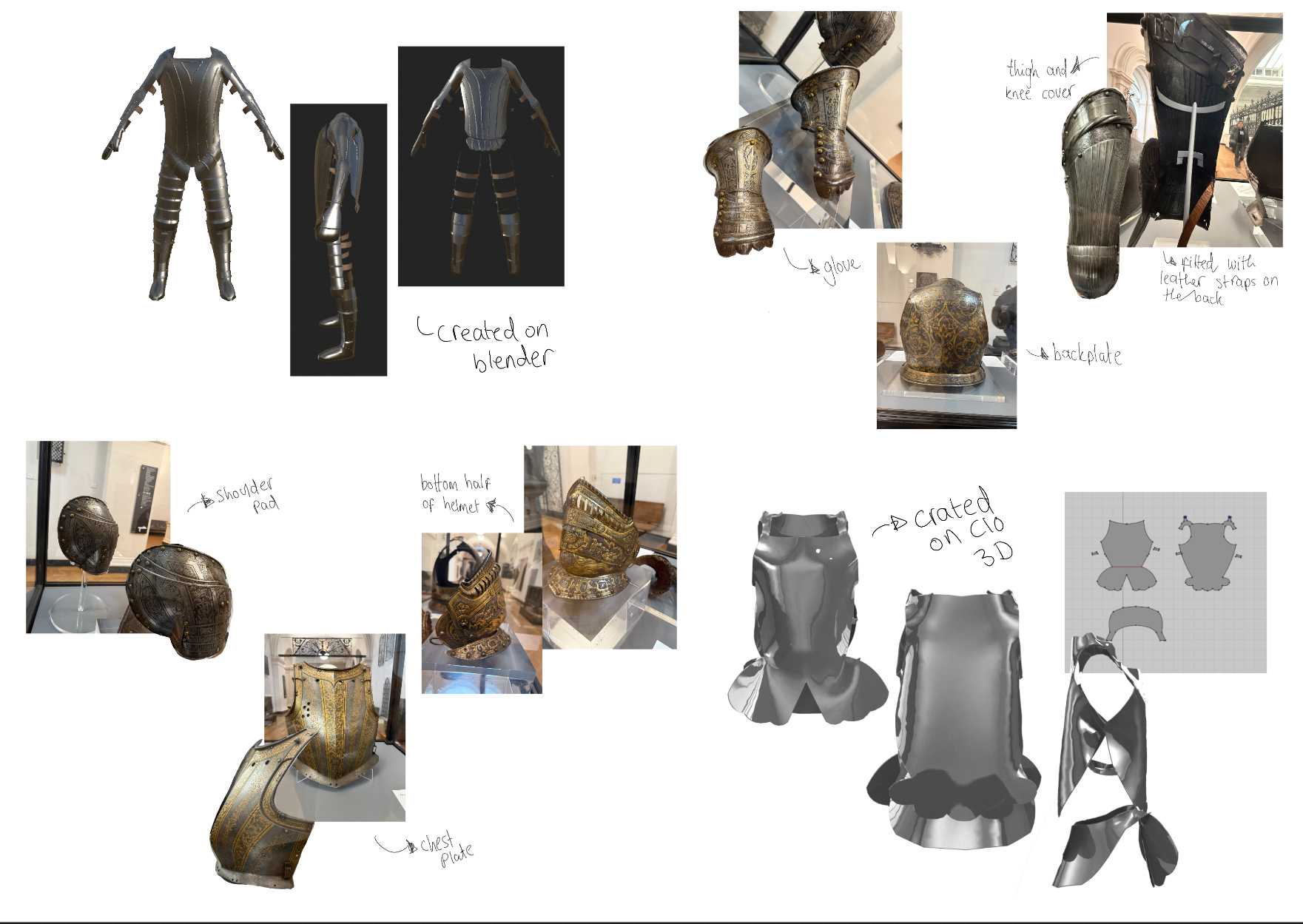 Kilian went to different locations showcasing real ironworks armour to get familiar with the details, then experimented with them on a variety of platforms like CLO 3D, blender and adobe substance painter.