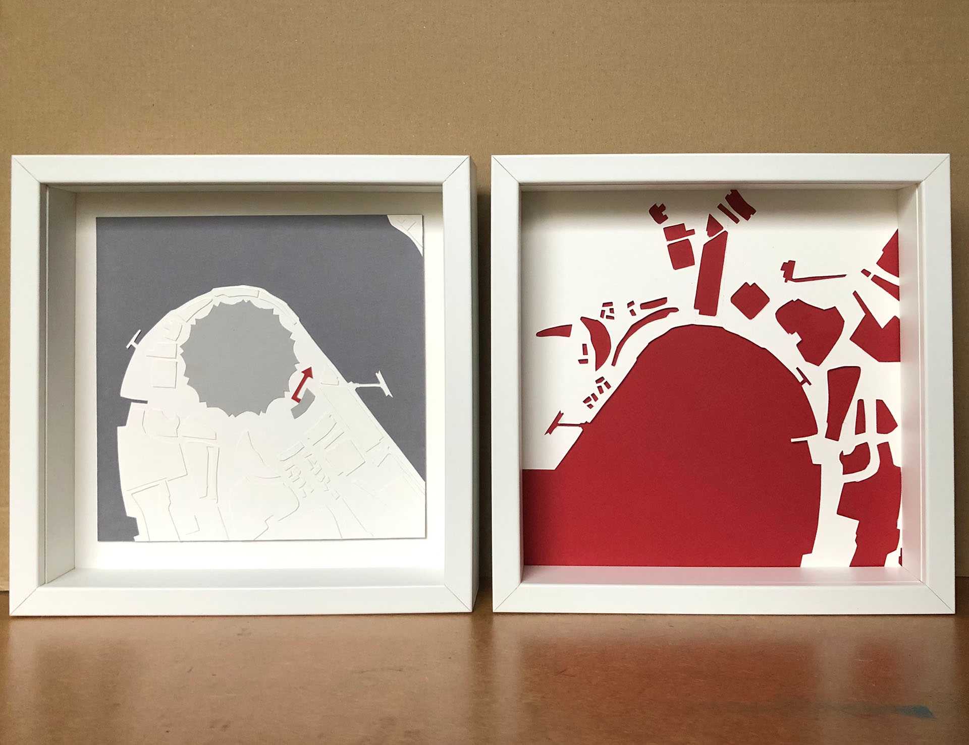 A diptych based on a map of North Greenwich. It becomes fragmented, explosive.