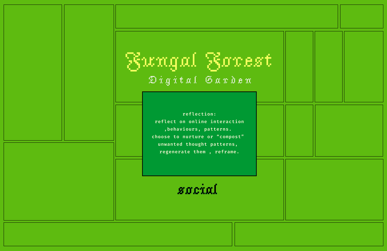 Fungal Forest Digital Garden.
For my Final Major Project I looked at how standardisation within design can lead to problematic outcomes - such as overextended attention, discriminatory design and techno-solutionist products that don’t necessarily meet user needs.
Stemming from my interests in fungi and digital gardens, I decided to explore how I could apply fungal teachings to creating online interfaces that reject standardisation in some capacity.