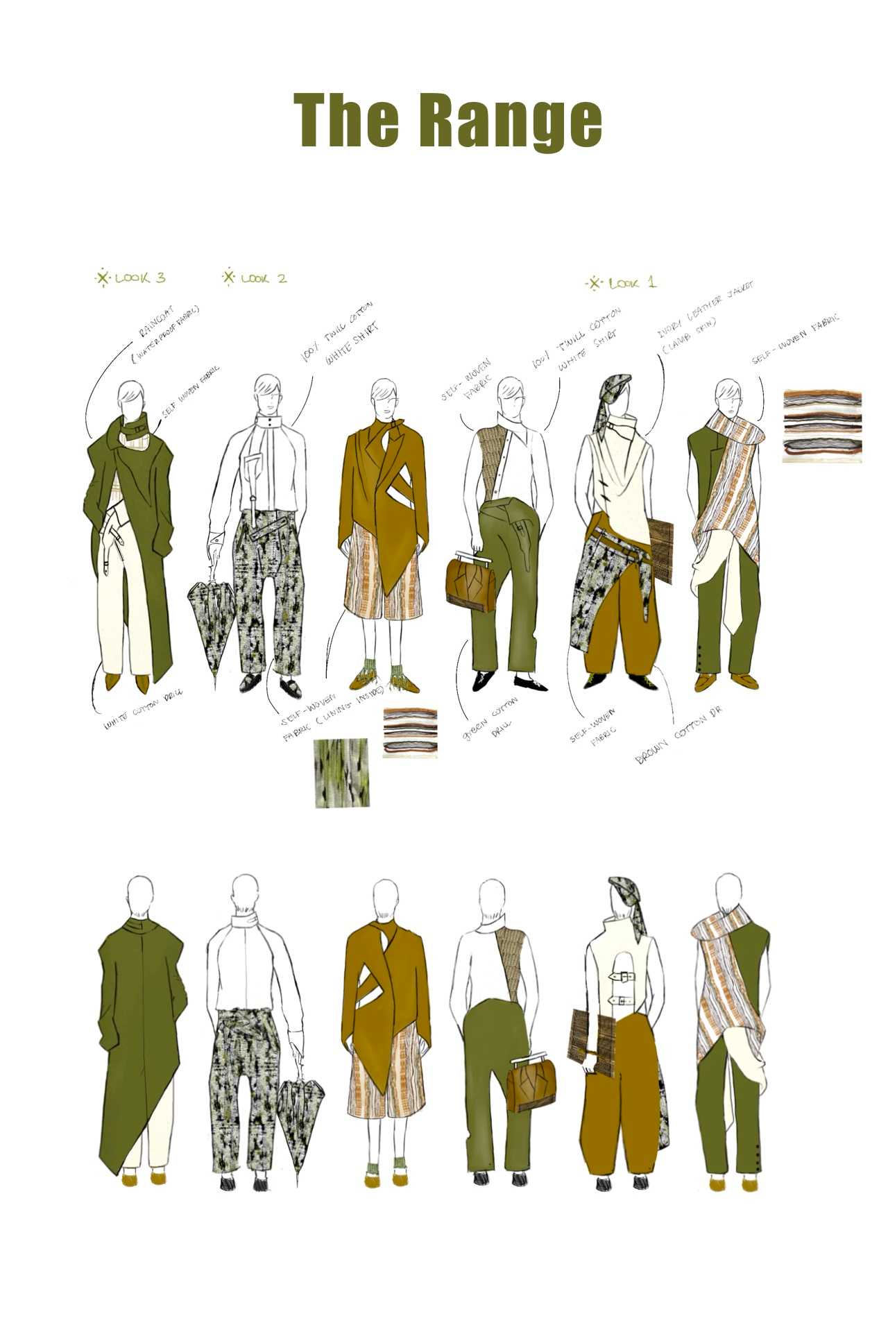 The collection evolves through six looks — tailored yet undone, where weaving meets workwear and structure subtly collapses into softness.