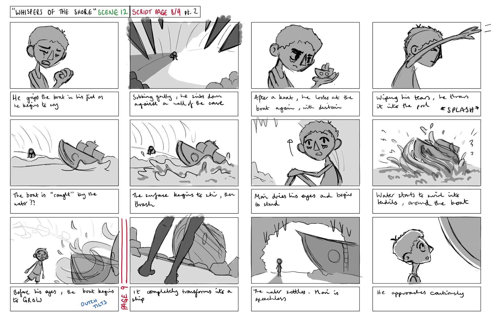 Storyboard panels depicting the boat transformation scene from “The Ocean Blue”.