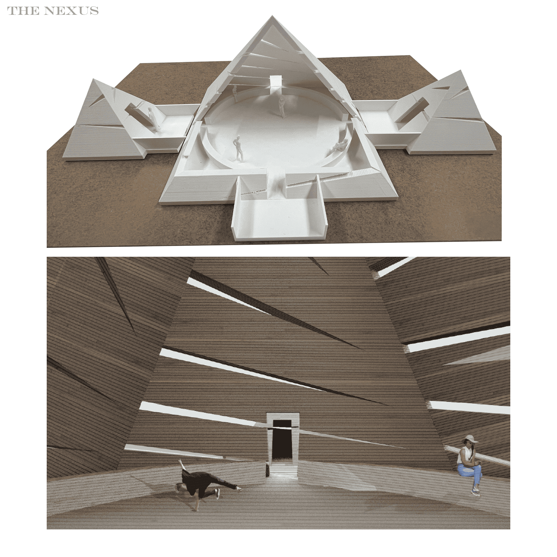 Zaha Hadid Foundation competition - The Nexus model and interior perspective view.