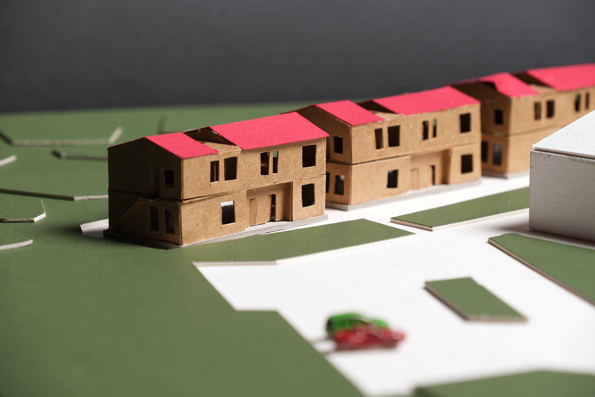 Scale 1:250, North Weald home unit design placed in context on a model of the site.