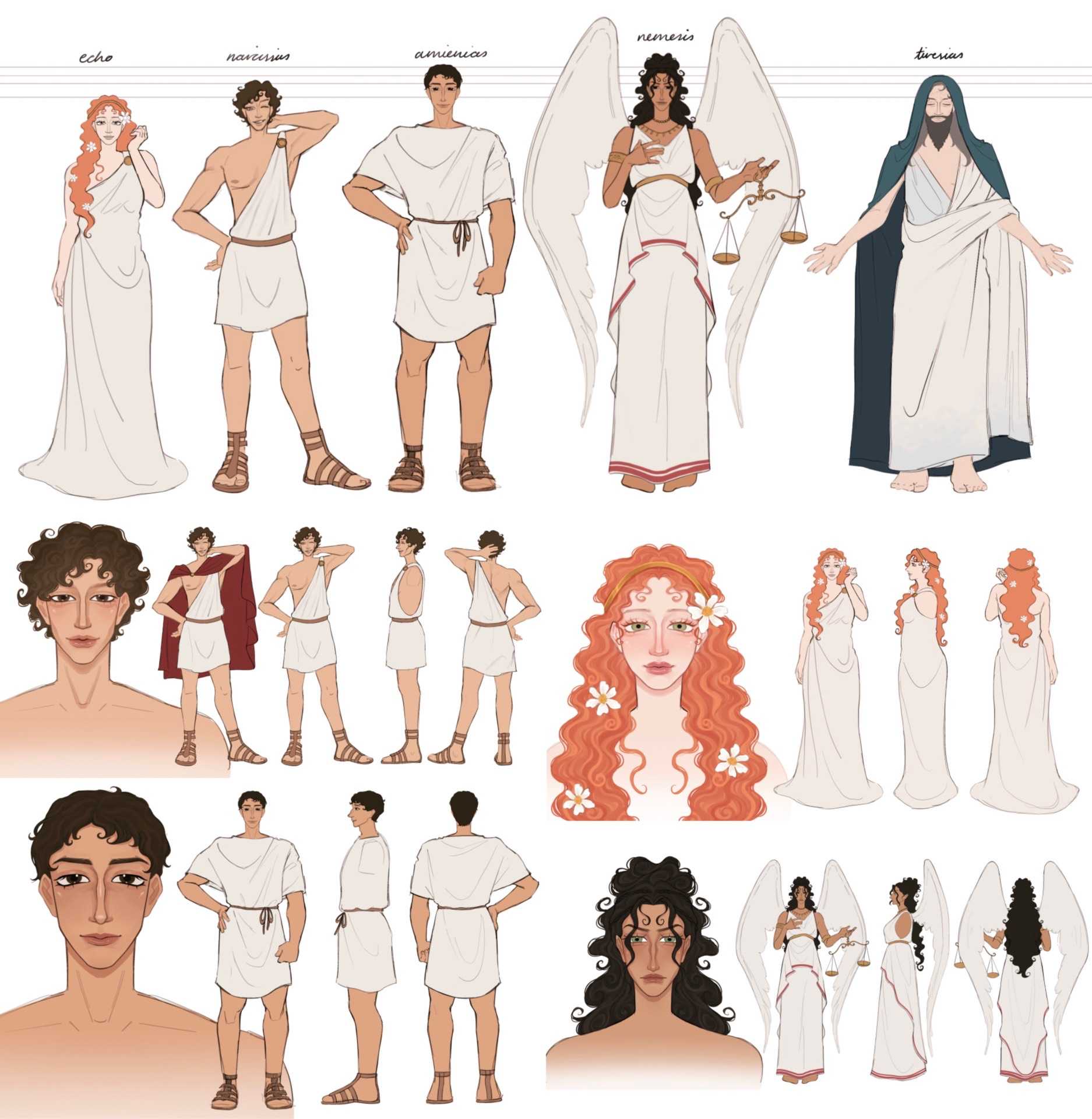 Character Designs, Concepts for a visual novel game based on the Greek Myth of Narcissus.