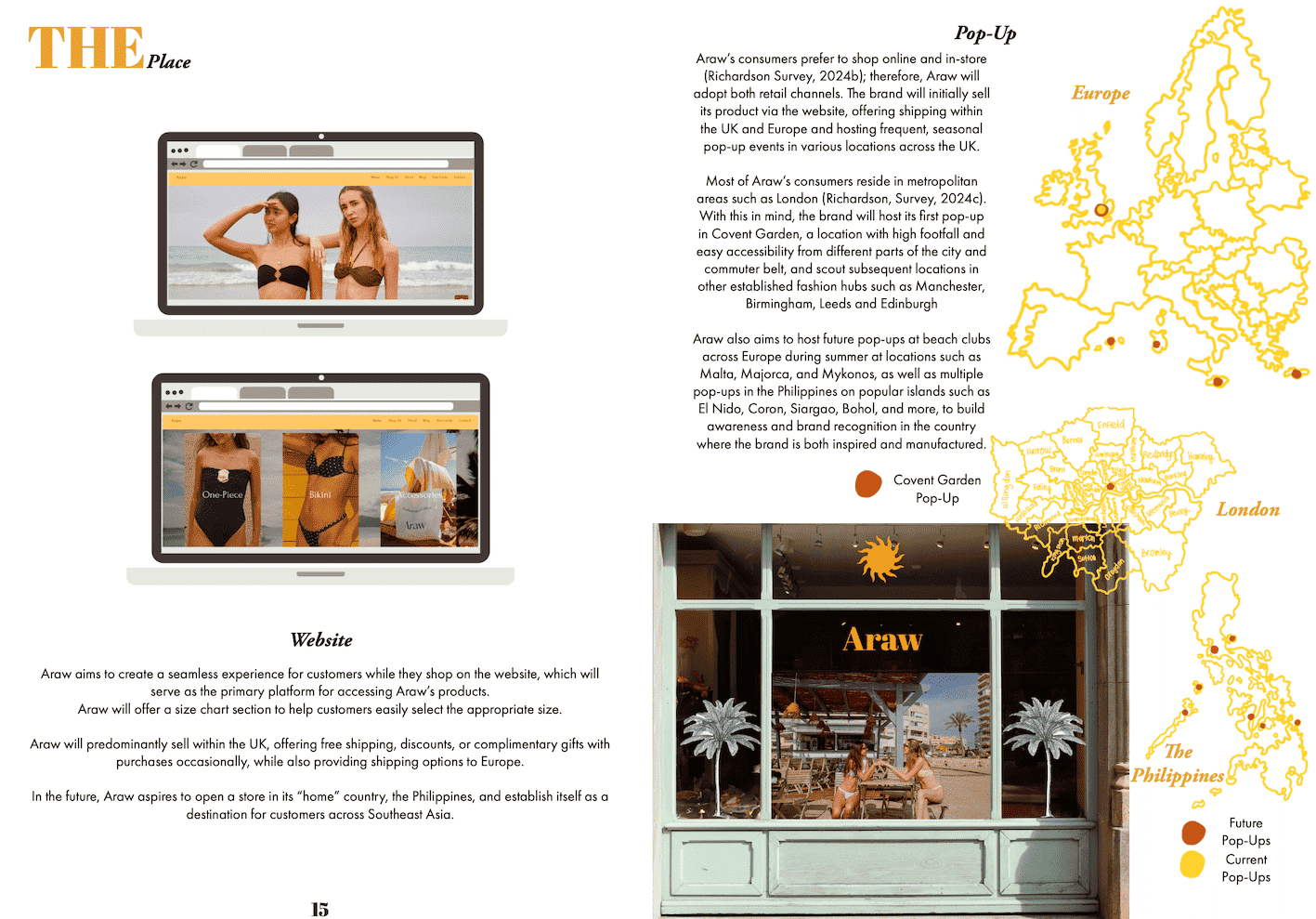 The place element of the Araw brand strategy showcases the official website, designed to serve as the central hub for online engagement, brand storytelling, and e-commerce. It also presents the brand’s first physical retail concept, a London-based pop-up shop proposal to create an immersive customer experience and build brand awareness. Alongside this, illustrative plans for future pop-up locations are included, outlining how Araw intends to expand its physical presence in key cities both in the UK and internationally, aligning with its long-term growth strategy and audience outreach goals.