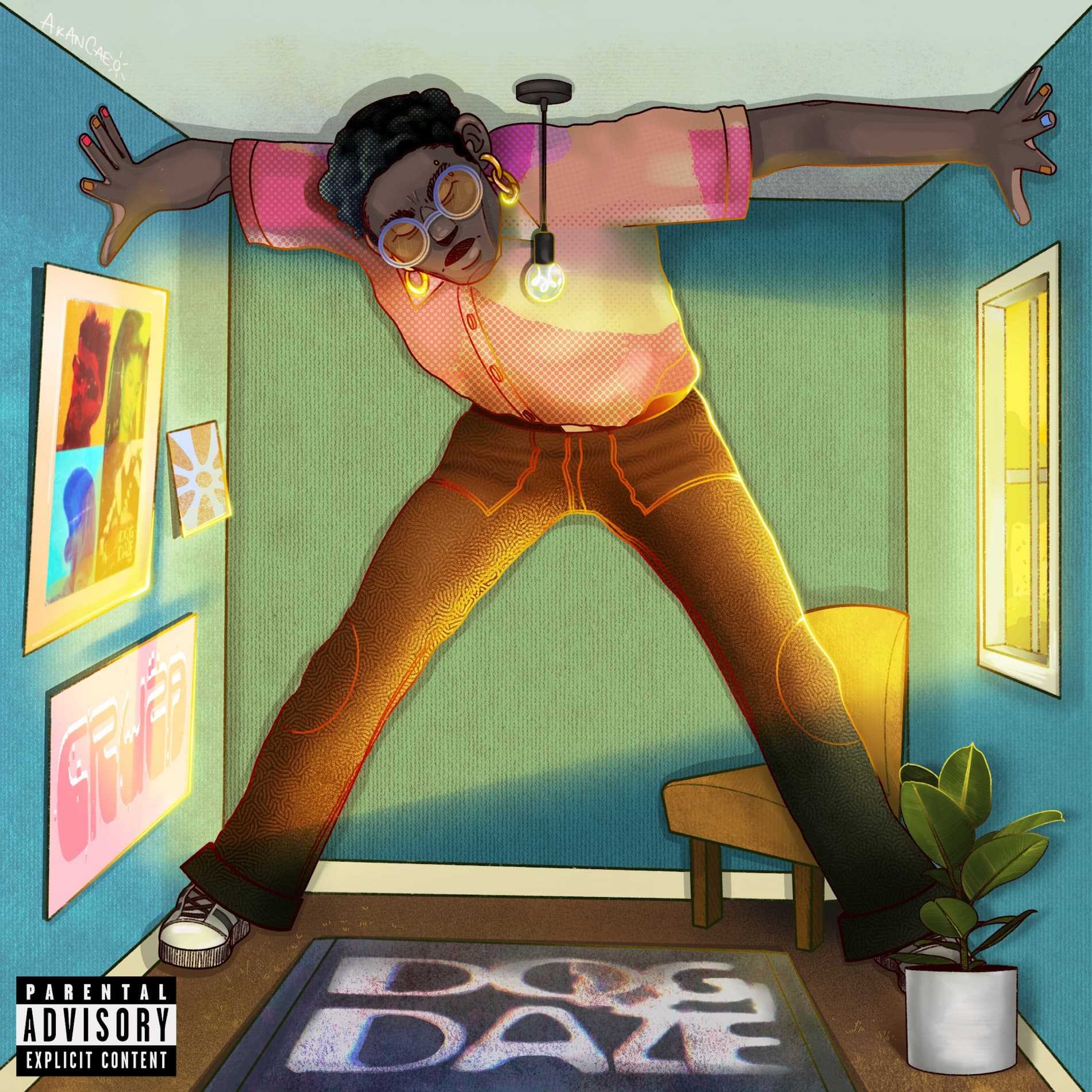 This is an album cover illustration based on the song “Dog Daze” by Cruza, which visually portrays the desire to escape an environment that you’ve outgrown or where there’s no longer room for growth, which Okyere personally relates to in terms of being queer within an African household where self-expression is limited.