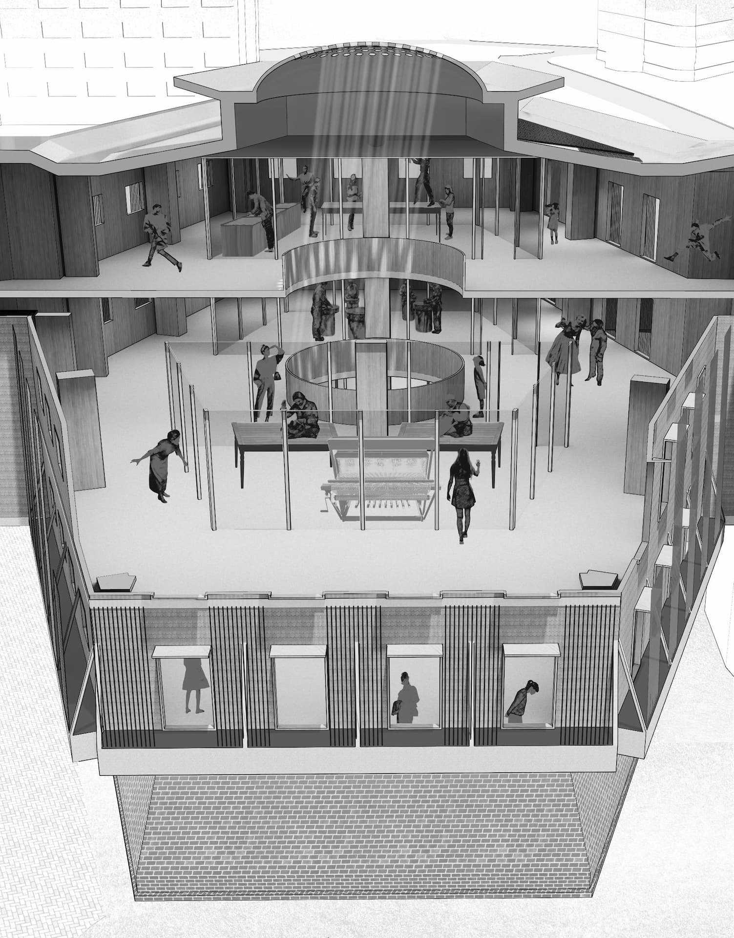 Entrepreneurs’ shops and workshops share one space. Through transparent walls, craft unfolds in real time, enticing the visitor to pause, observe, and step inside. Architecture becomes porous, turning the act of watching into the first step toward participation.