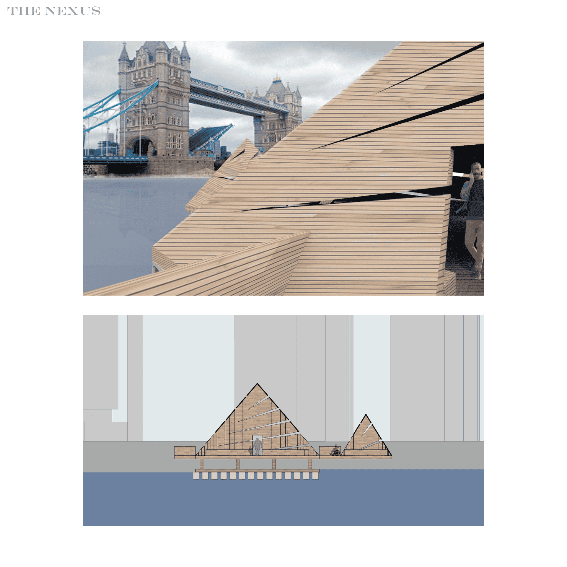 Exterior perspective view alongside a Section drawing.