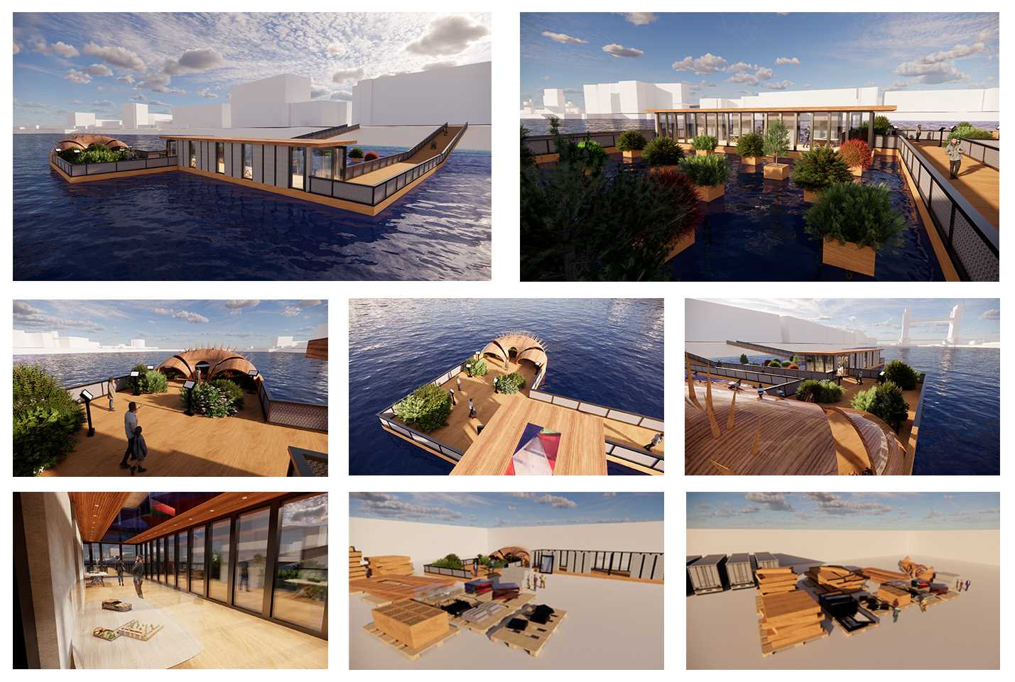 Rendered Images of the floating exhibition including how its deconstructed.