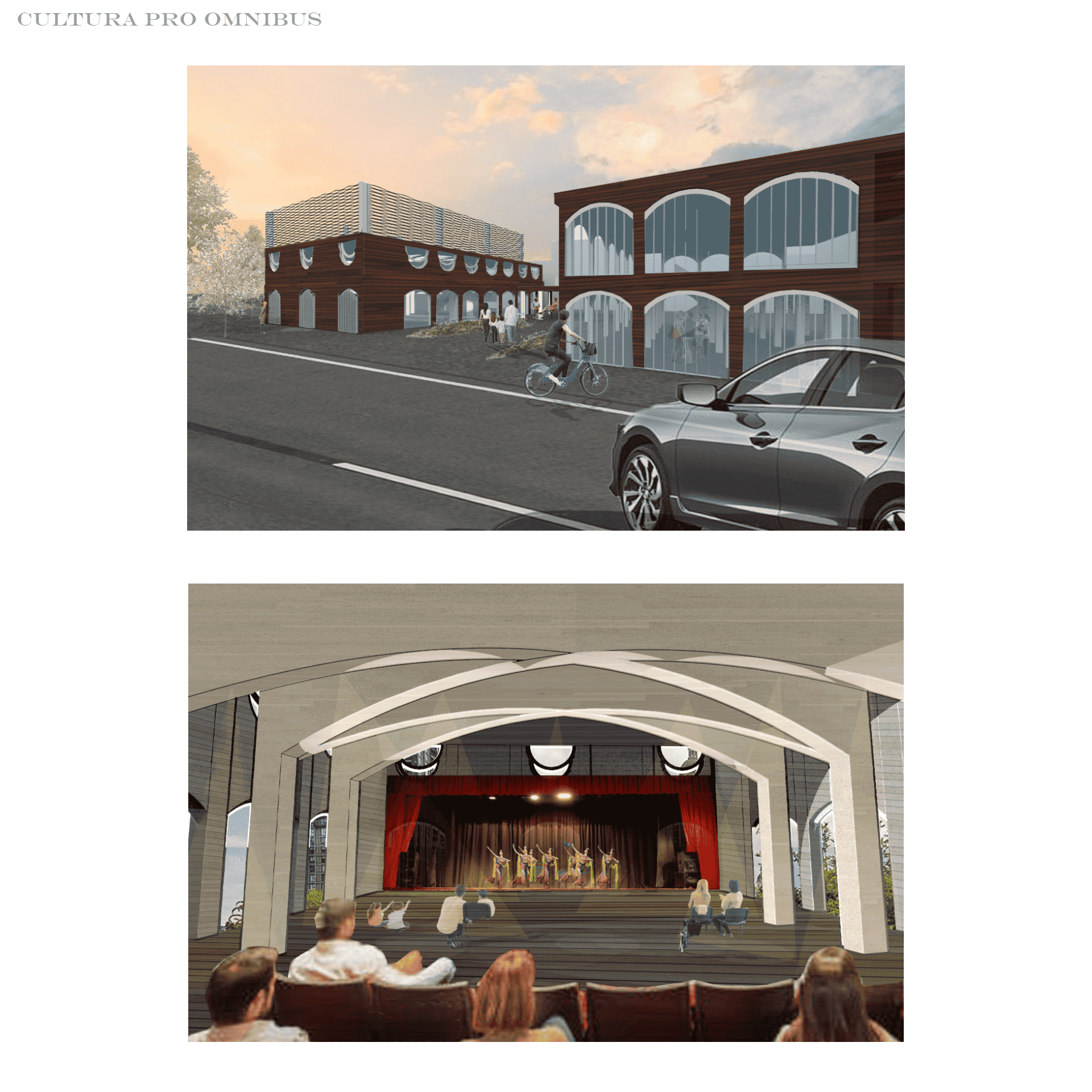 Exterior and Interior perspective views of Cultura Pro Omnibus