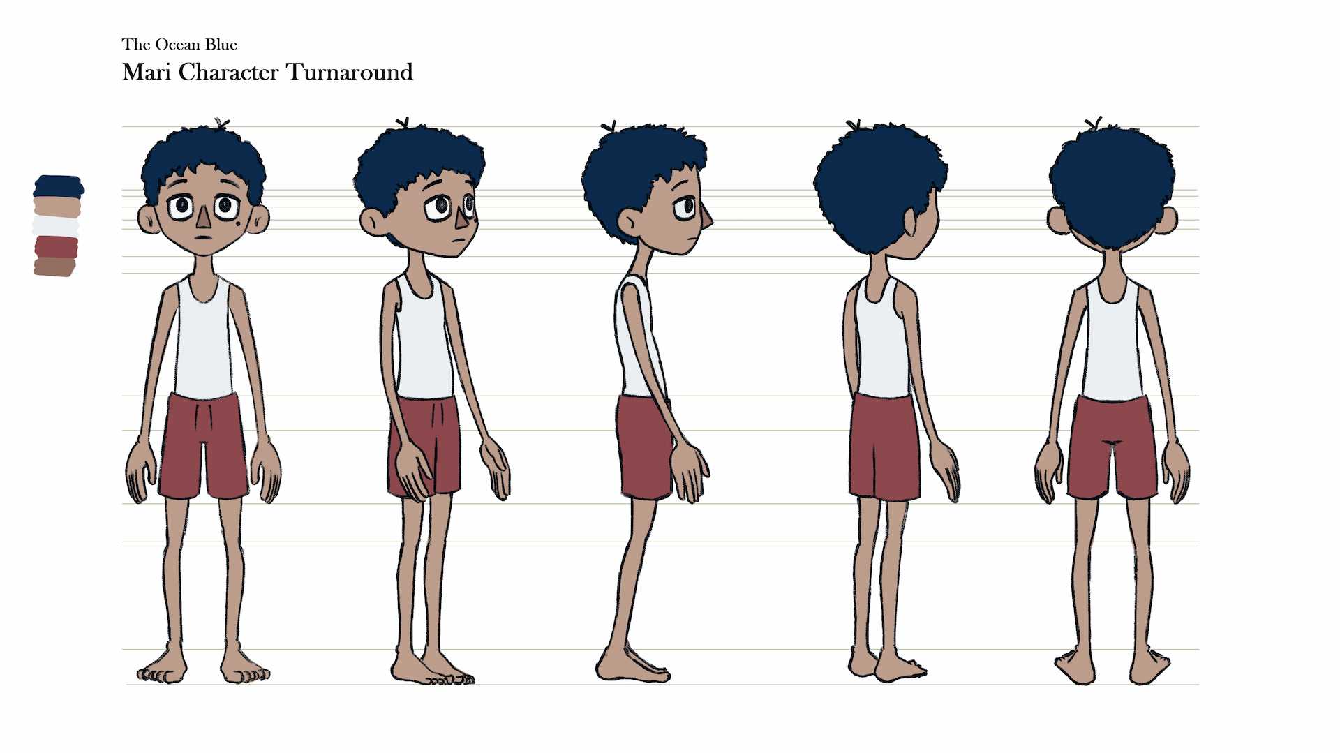 Character turnaround sheet for Mari, the main character of “The Ocean Blue”.
