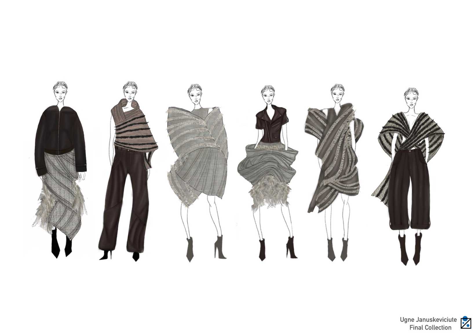 For the final collection, Januskeviciute drew inspiration from Lithuanian traditional clothing and women's made ornaments, combined with Francesco Somaini's sculptures for silhouettes and 1960's biker gang aesthetics for leather details. She used woven fabrics like linens, hessians to create textiles, canvases, and horsehair, alongside leathers to create a collection that blends heritage with rebellion.