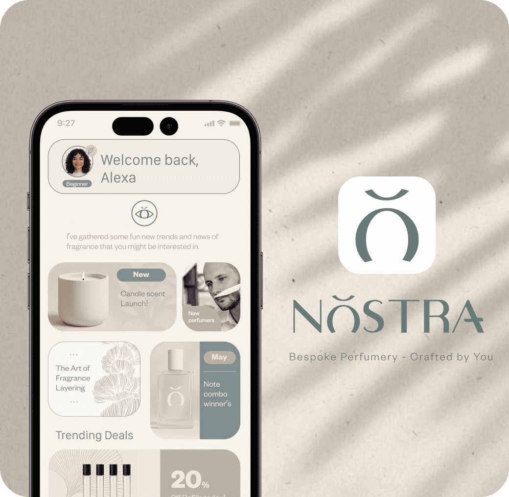 A preview of the NŌSTRA mobile app, where users can explore fragrance trends, co-create bespoke perfumes, and engage with memory-based scent prompts. The interface is designed to feel warm, intuitive, and emotionally aware, bringing the digital scent journey to life.
