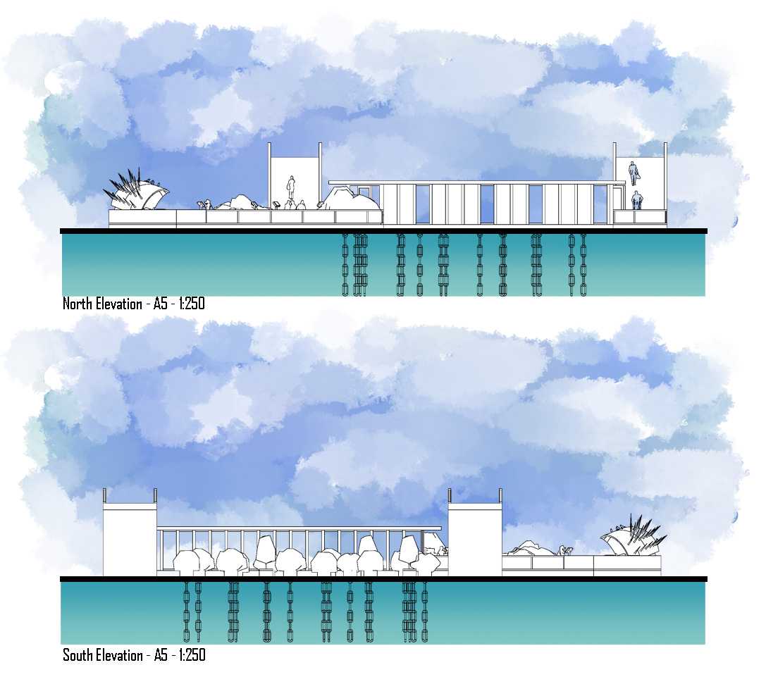 North and south elevations of the floating exhibition.