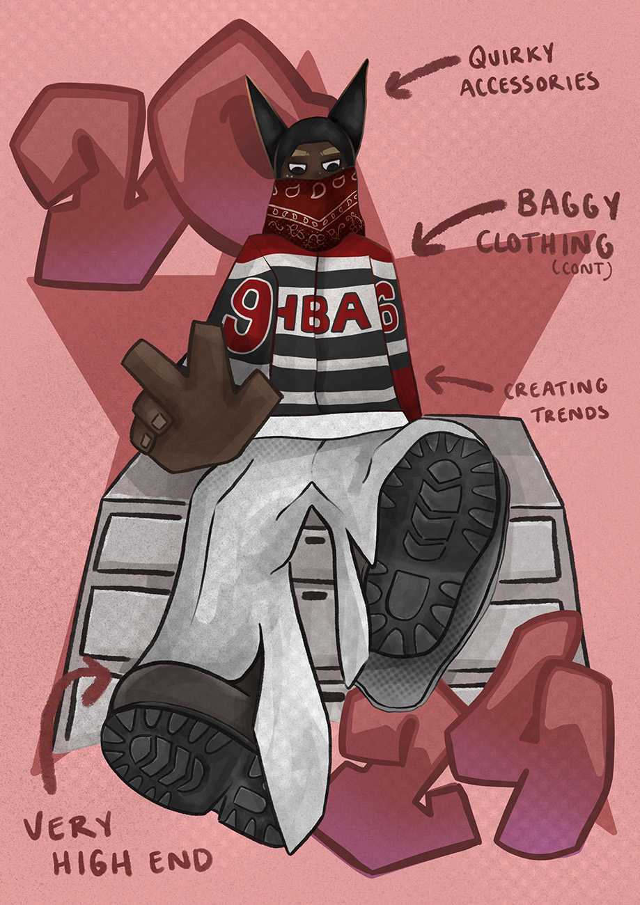 The third illustration in the "Fashion Evolution of Playboi Carti" series, depicting his 2024 style.