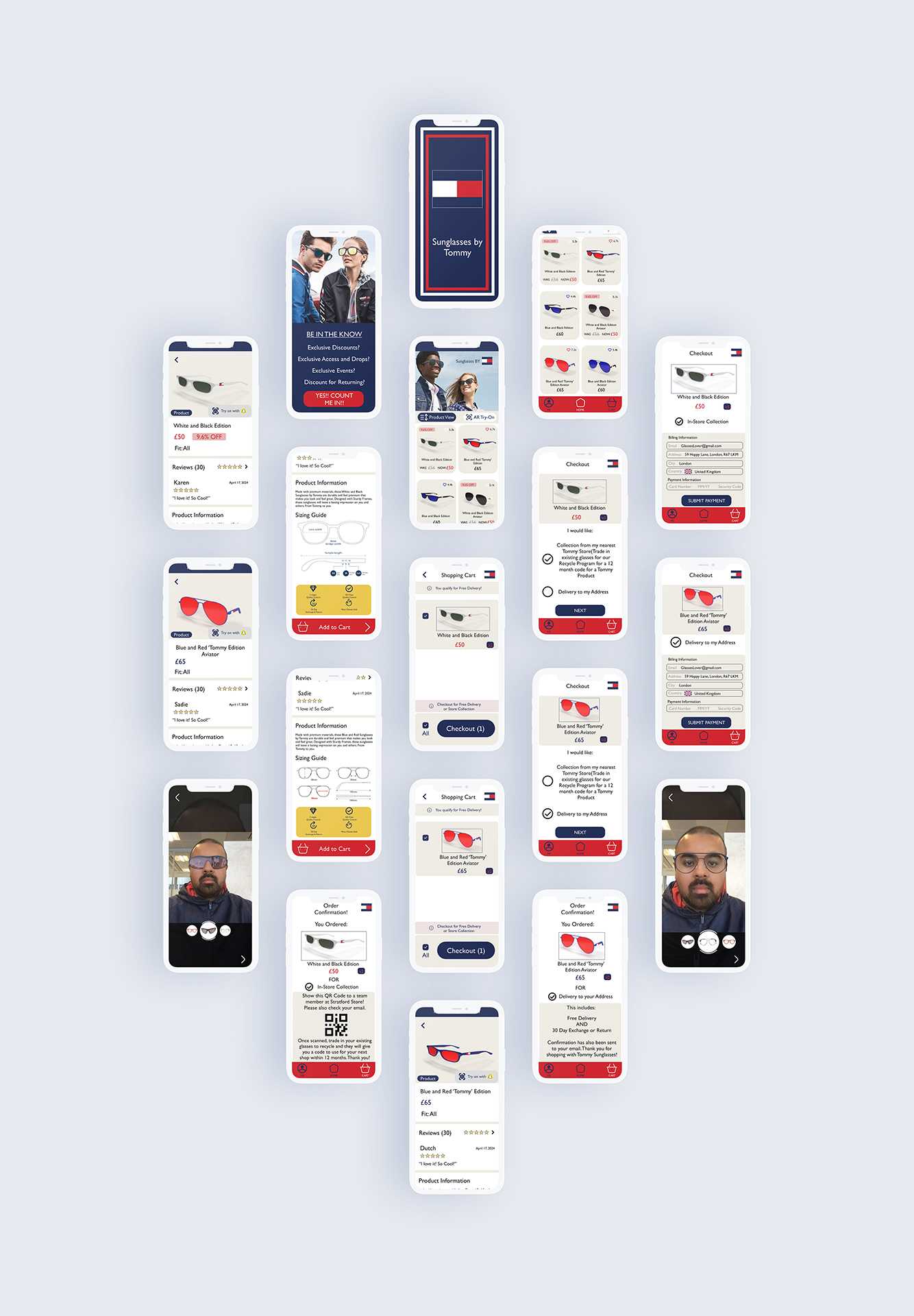 The Sunglasses by Tommy project focused on creating an engaging digital experience for the Tommy Hilfiger fashion brand. The work involved designing an interactive app that allowed users to virtually try on different styles using AR technology, alongside clean product displays and intuitive navigation. New digital touchpoints were developed to enhance the customer journey, improving the brand’s existing offering by making the shopping experience more interactive, accessible, and connected to modern consumer expectations. The project aimed to strengthen Tommy Hilfiger’s relationship with younger, tech-savvy audiences by blending fashion, innovation, and seamless digital interaction.