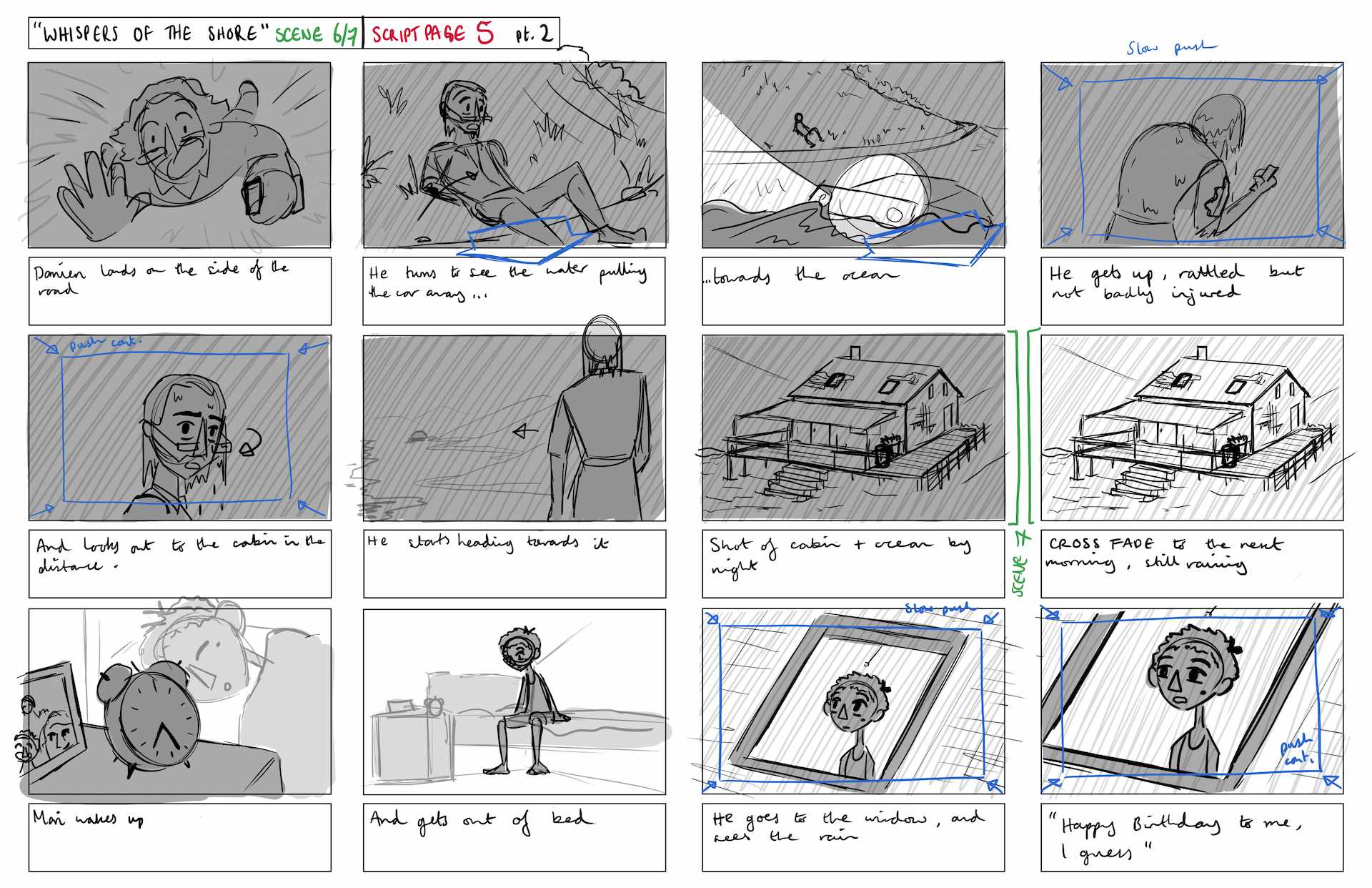 Storyboard panels depicting the car crash scene from “The Ocean Blue”.