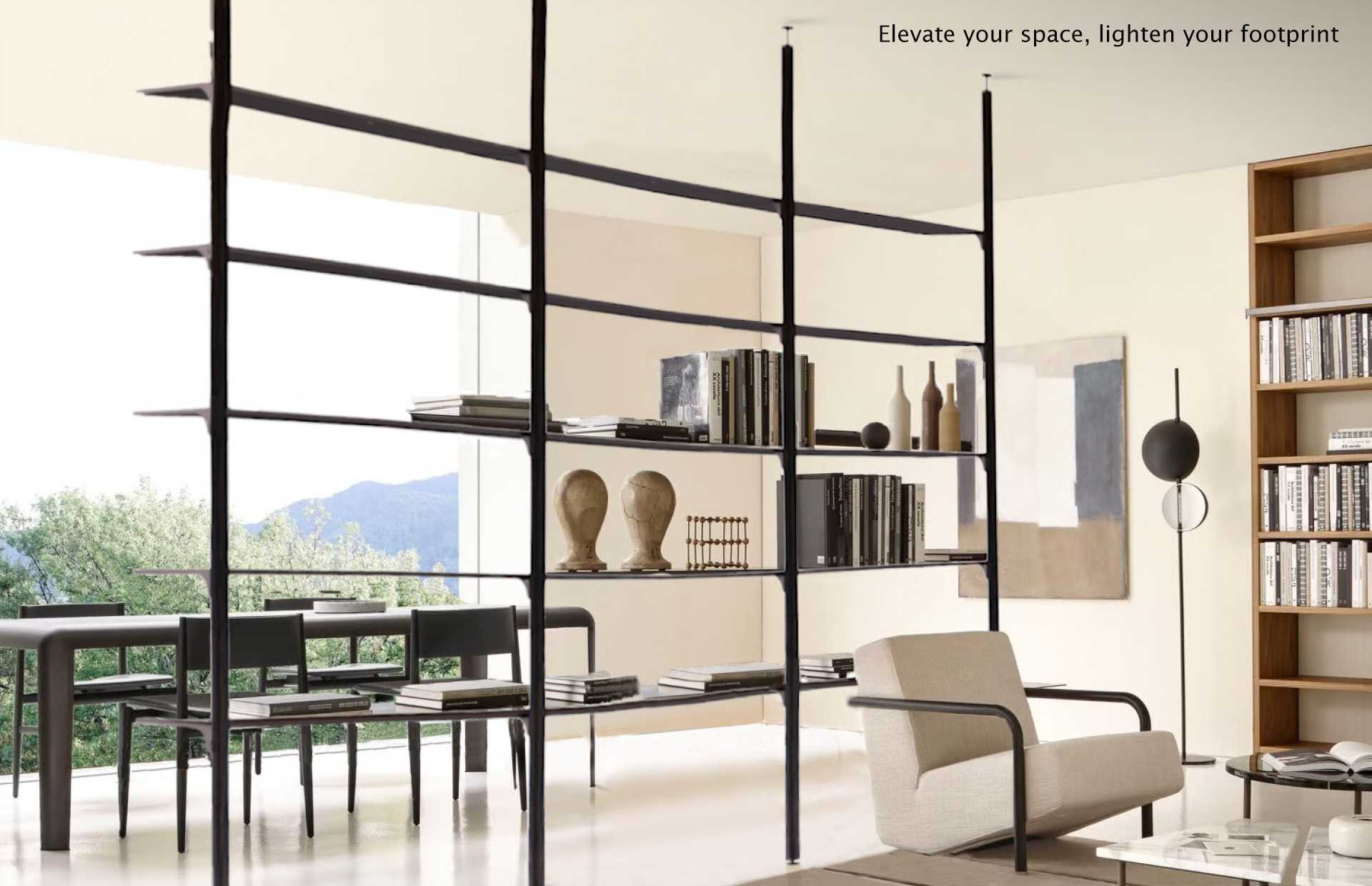Vita Onesta’s smart design allows it to stand alone, mount on walls, or suspend between floor and ceiling, easily transforming into shelves, desks, tables, wardrobes, or room dividers.