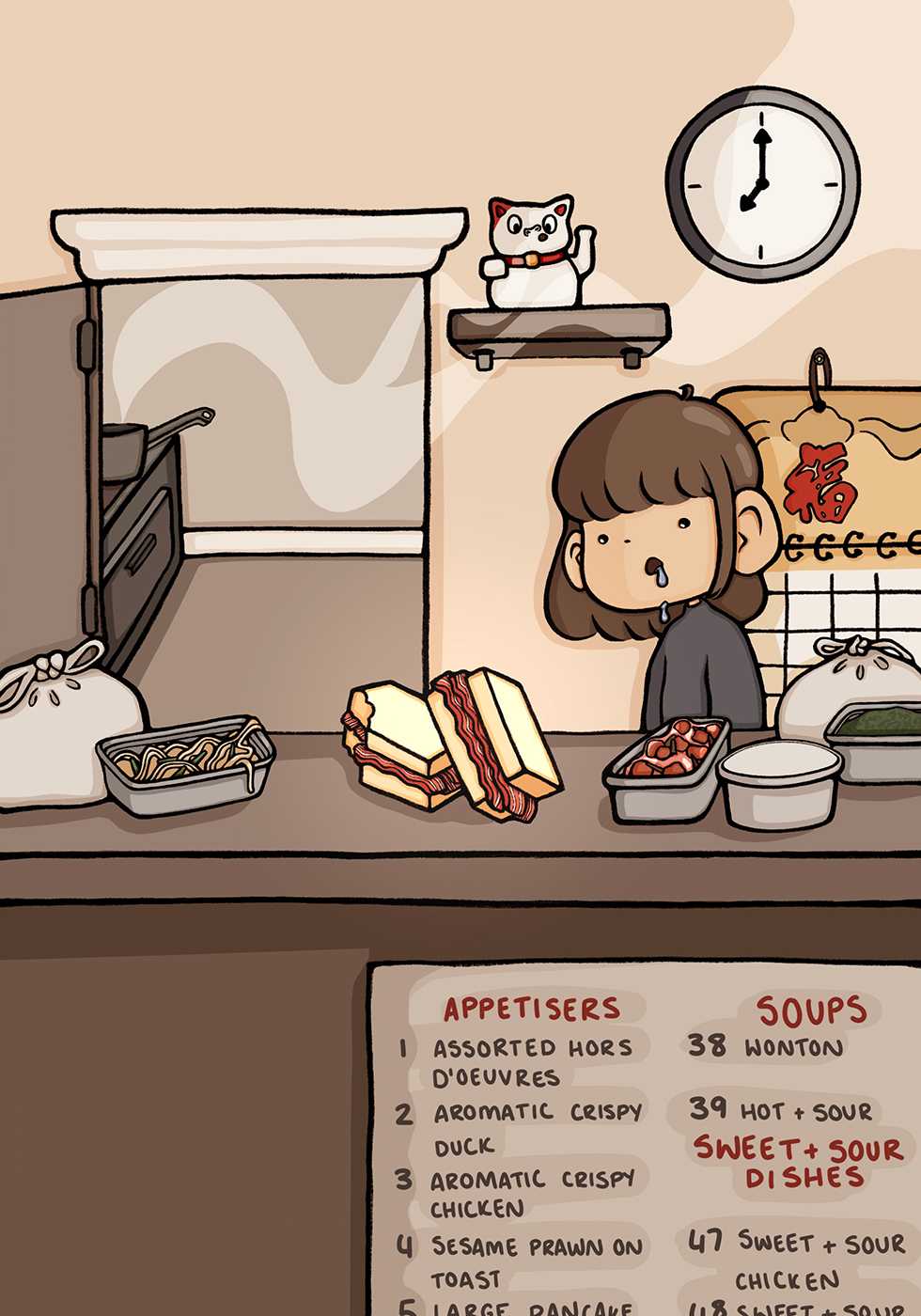 Based on a magazine article written by a girl who had fond memories of eating bacon sandwiches while helping out in her parents Chinese takeaway shop.
