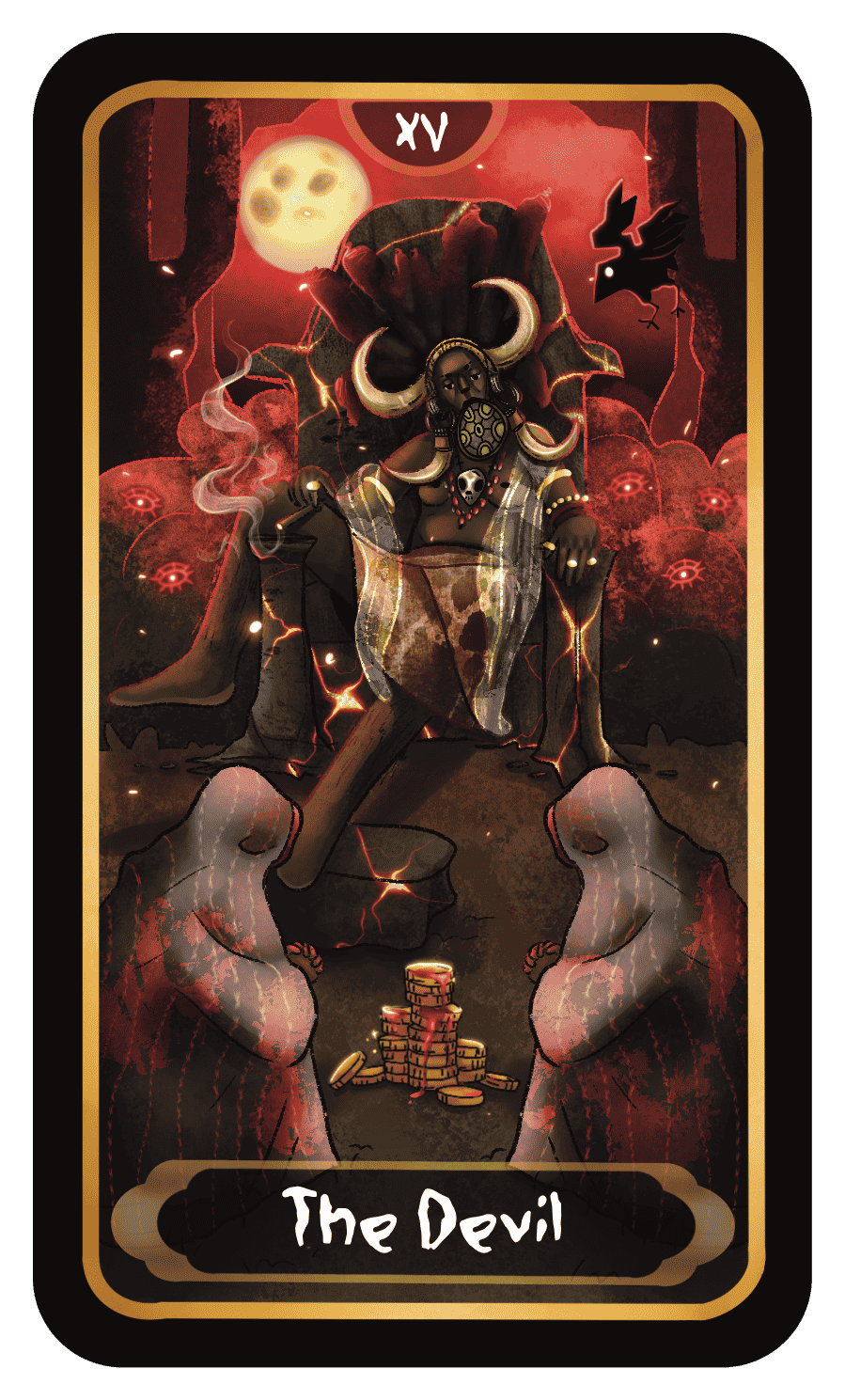 This is The Devil card from Okyere's 22 card tarot deck, “The Sankofa Tarot”. In this reinterpretation, the figure is inspired by demonised African spiritual figures, challenging the way queerness, self-expression and nonconformity are often viewed as taboo.
