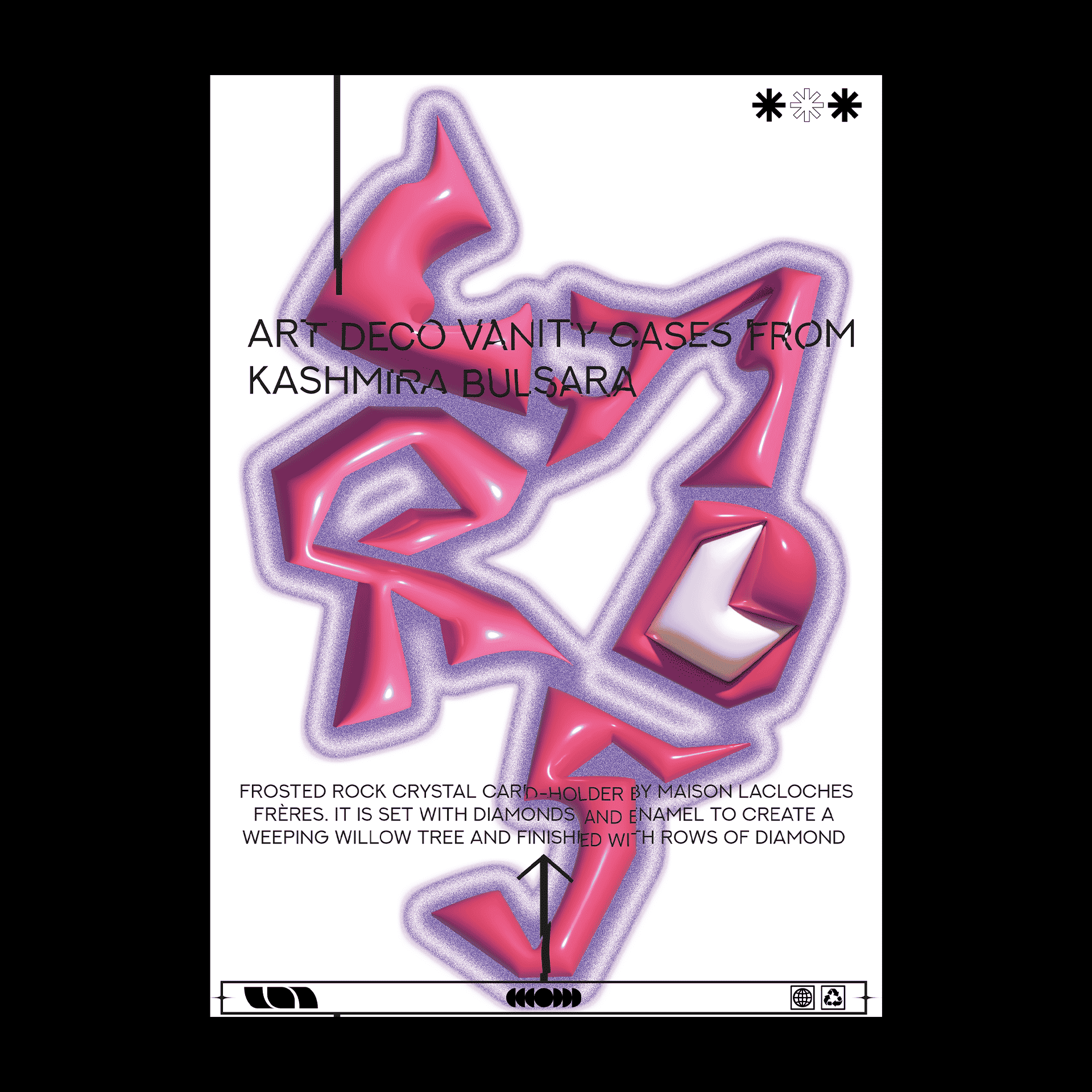This poster explores the hidden design potential of everyday objects. Inspired by a card holder spotted at the V&A Museum, Miah created a custom typeface that transforms its form and details into bold, expressive letterforms. The result is a playful fusion of museum artifact and modern typographic experimentation, where utility meets creativity.