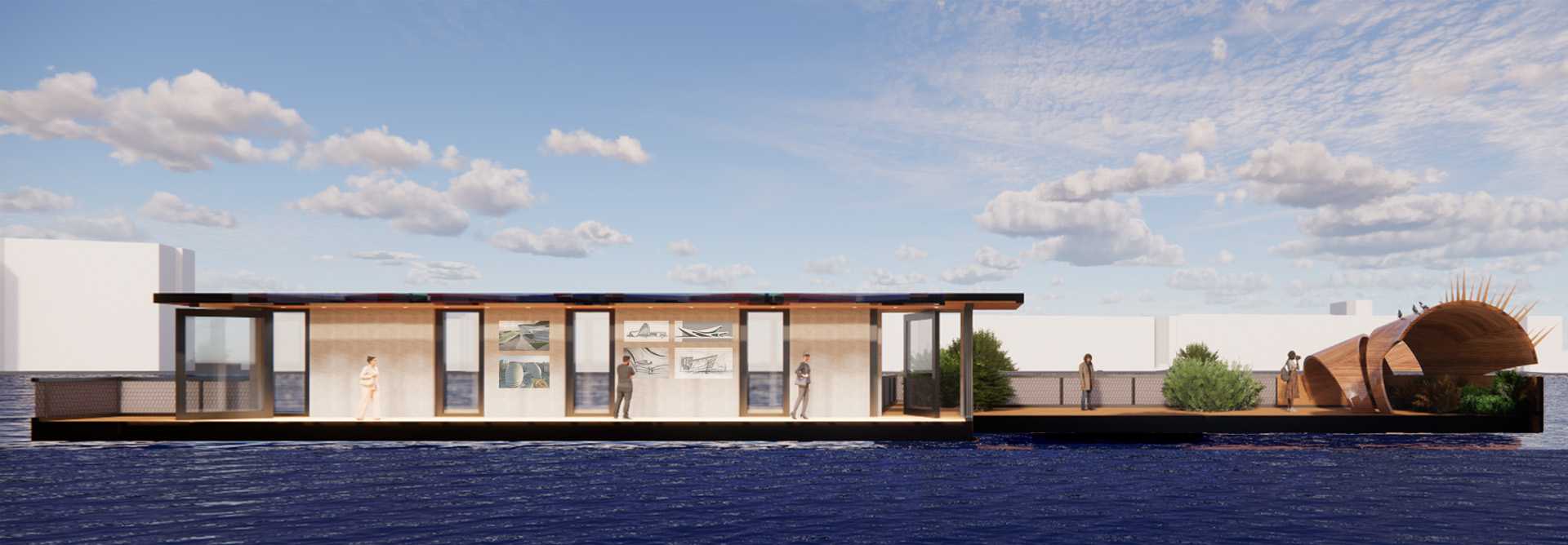 Rendered section of a floating pavilion blending exhibition, nature, and habitat spaces to promote environmental awareness and harmony between people and the aquatic landscape.