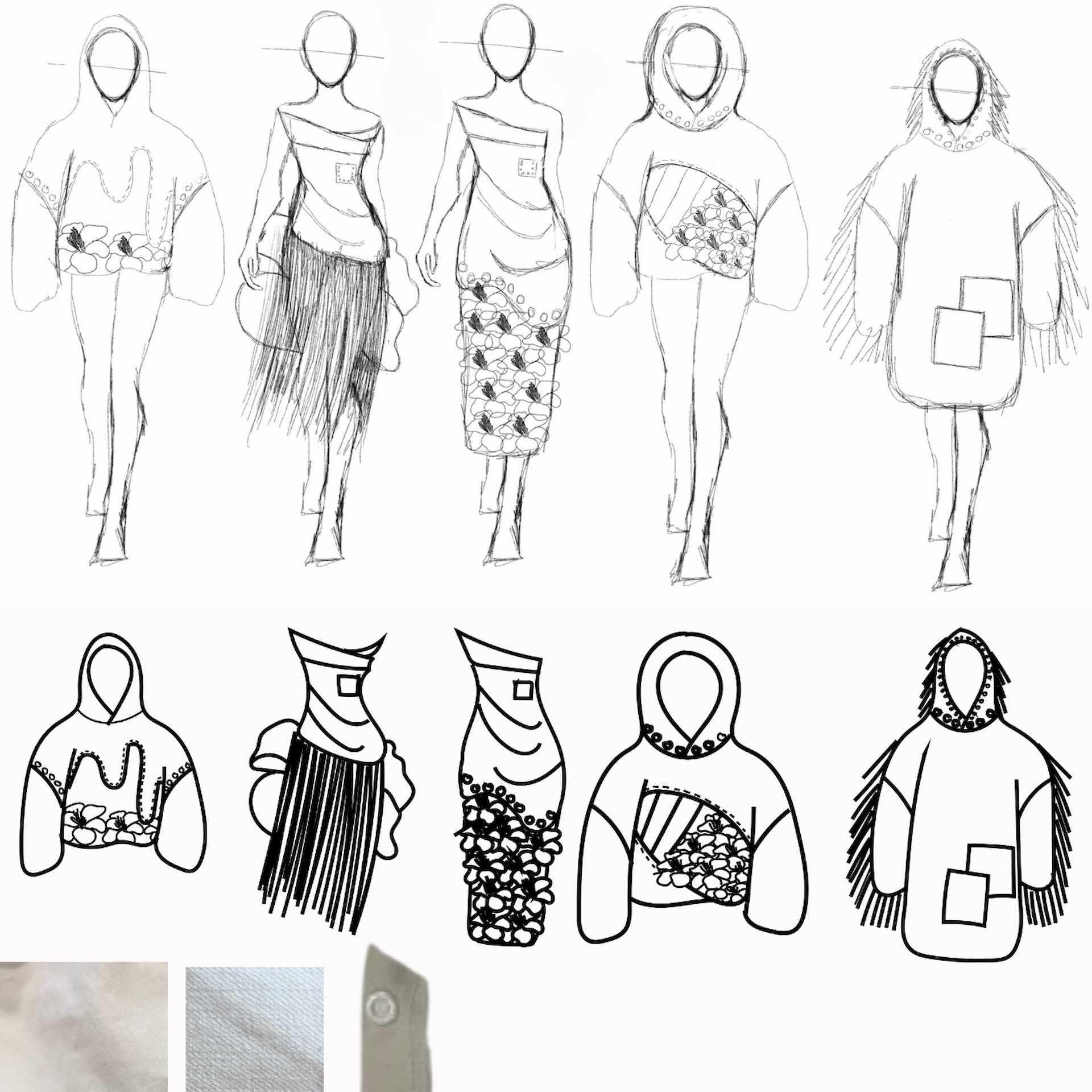 Final line up from the “Sustainable White” project where we were required to make one piece. Concept based on Matthew 6:28 and Isaiah 61:3 including snap buttons for detachable pieces. The idea was to utilise scrap cotton fabric, white only, to create a new garment.