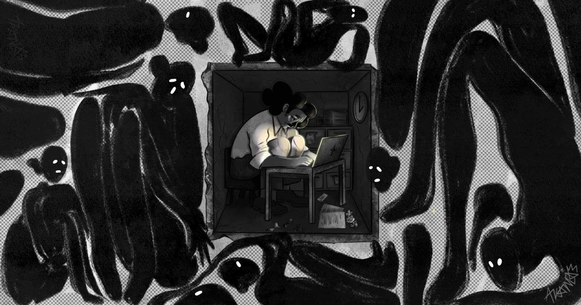 This editorial illustration was created for an article titles “Do You Tell Yourself You’re Happier Than You Are? Stop The Gaslighting.” The piece depicts a character confined within a small, enclosed space, symbolising the subconscious retreat one makes when convincing themselves they are fine while internally struggling. It explores themes of emotional denial, self-deception, internal isolation and shadow work.