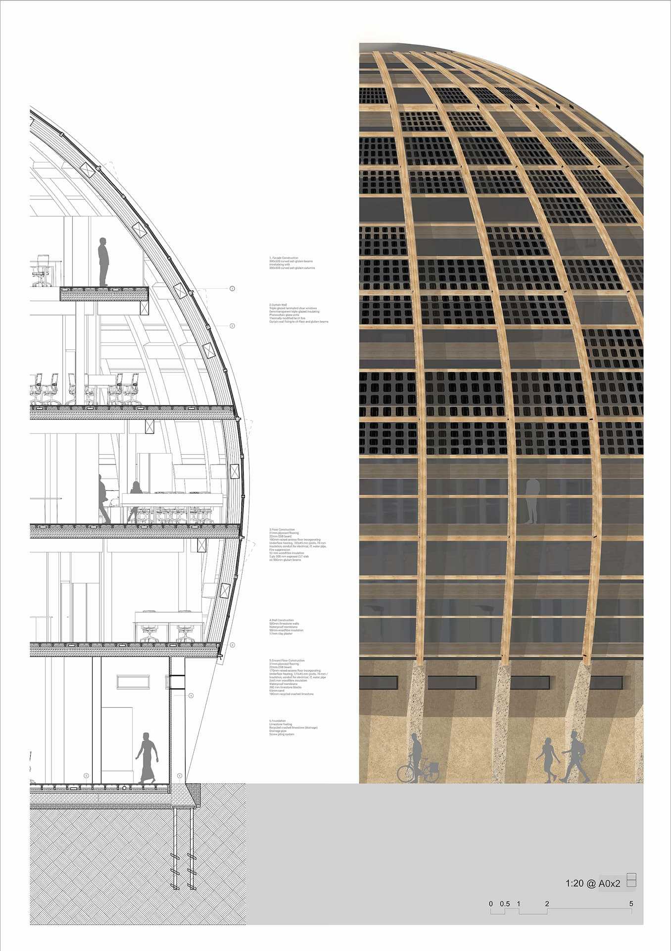 Detailed section through the Innocent Headquarters, highlighting sustainable construction with mass timber and stone structure. The design prioritises daylighting, natural ventilation, and material honesty to reflect the brand’s environmental ethos.