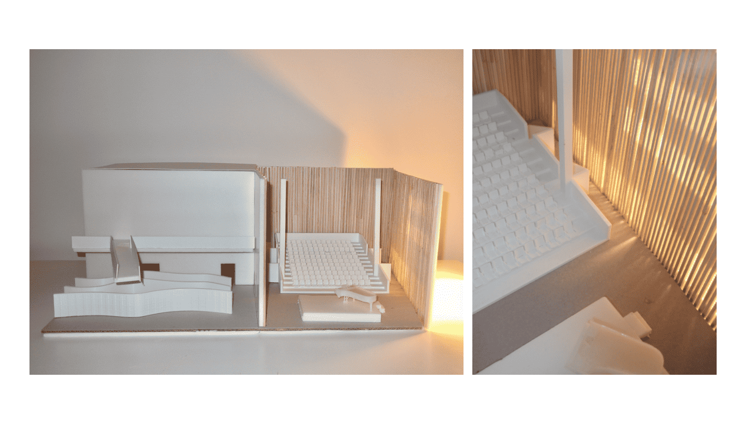 A 1:50 sectional model of Vinyl Roots Final Major Project, highlighting the spatial relationship between the Vinyl Library and the Auditorium. The model captures key architectural elements and the atmosphere of the design concept.